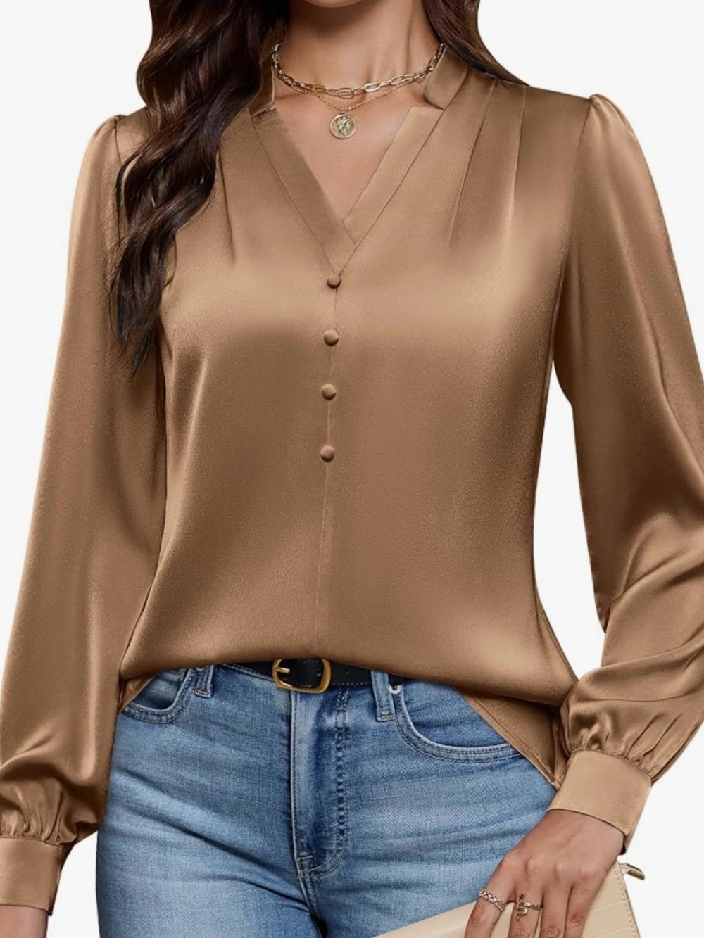 NWT V-Neck Button-Front Blouse in Warm Brown